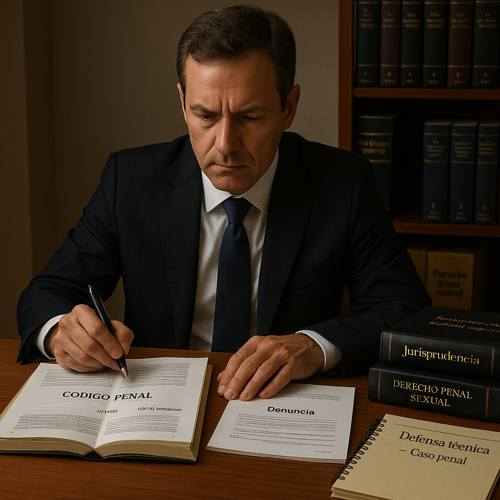 Abogado penalista especializado analizando Código Penal en caso de agresión sexual con máxima discreción y profesionalidad técnico-jurídica